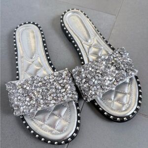 Women's Silver Embellished Slide Sandals